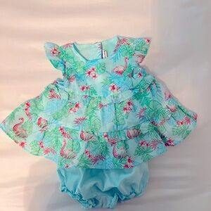 Janie and Jack Baby Flamingo Print Ruffle Trim Cotton Batiste Button Back Dress